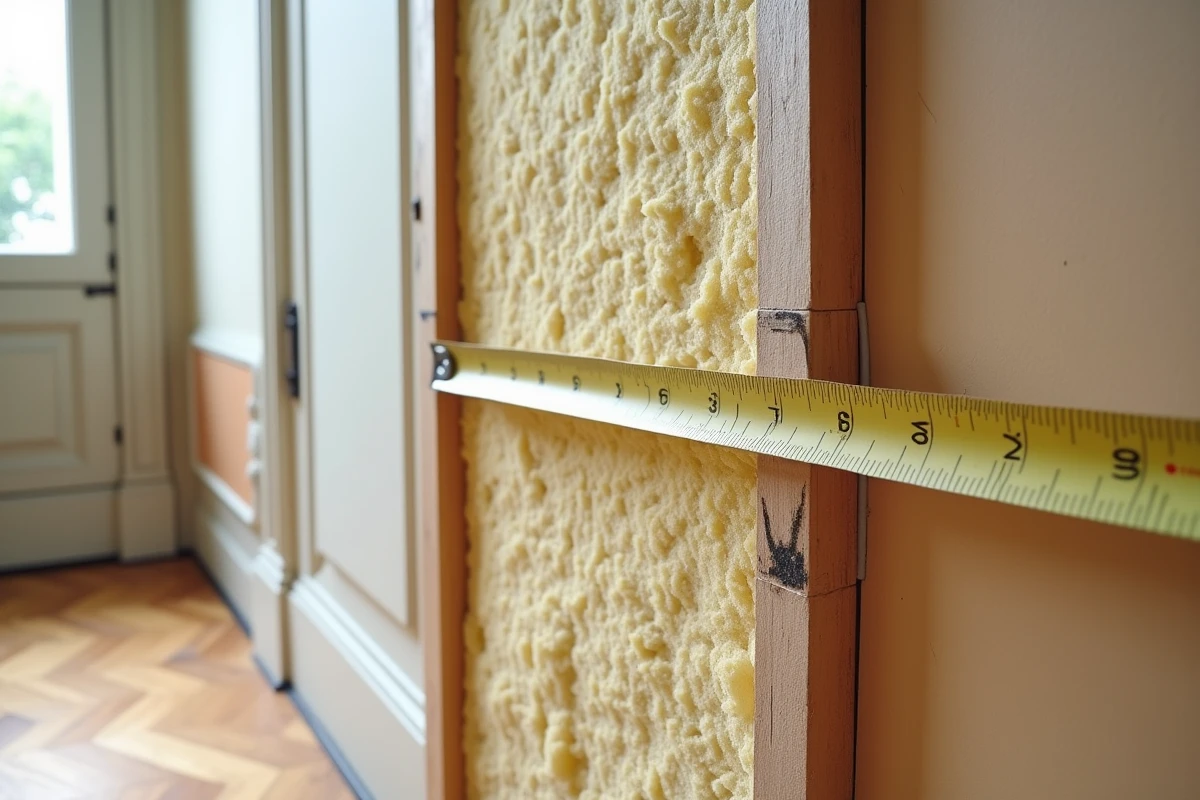 Vue en coupe détaillée des couches d'isolation thermique d'un mur intérieur avec laine minérale et pare-vapeur