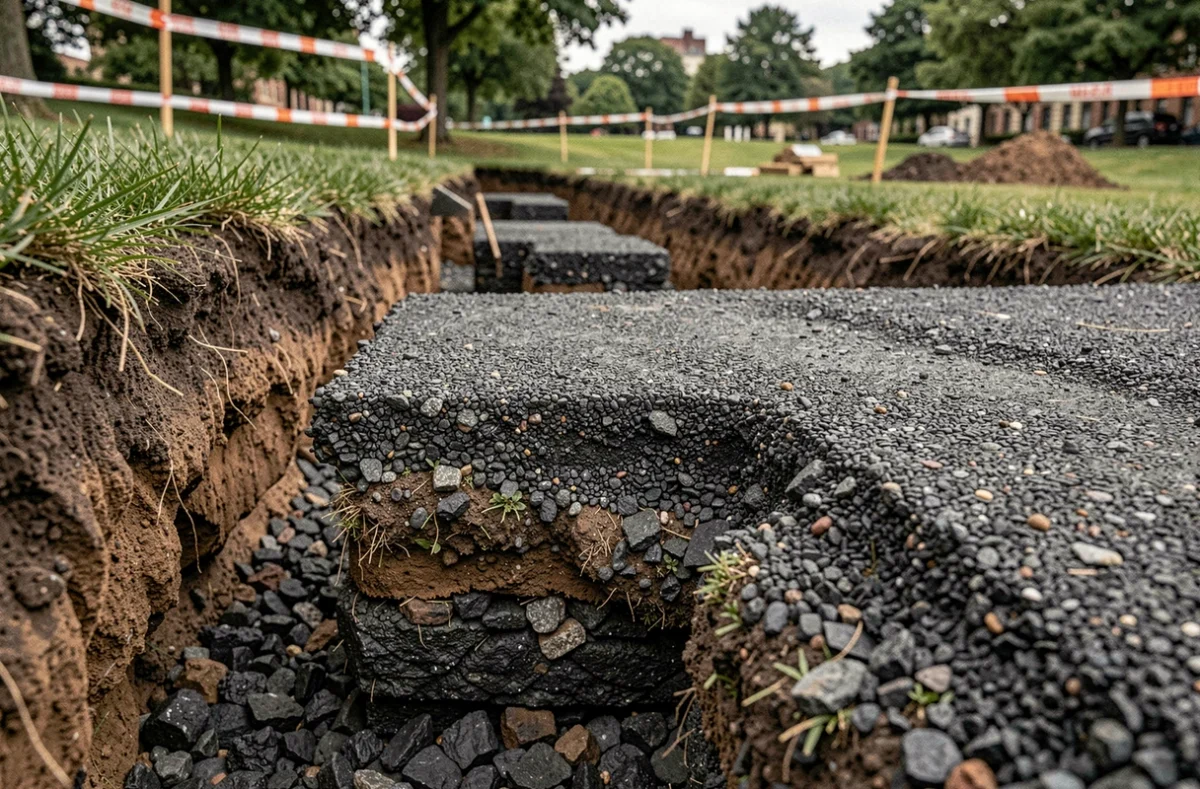 Coupe transversale d'un sentier en mâchefer montrant les couches compactées de laitier recyclé dans un chantier de parc urbain