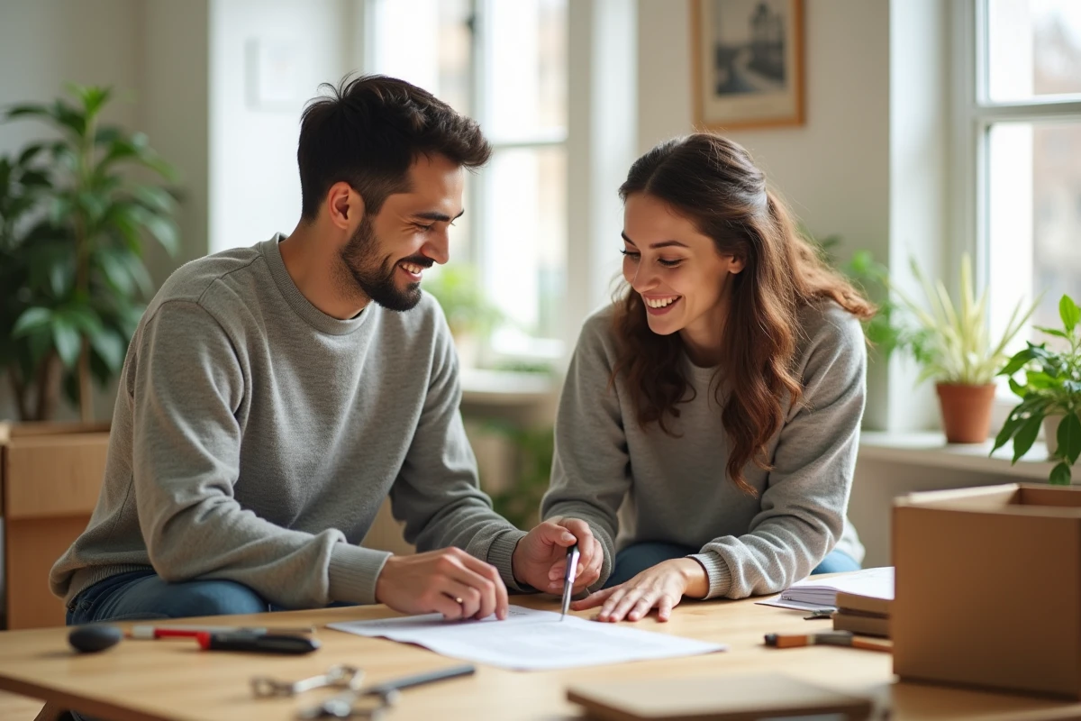 Jeune couple assemble un bureau à la maison avec sourire