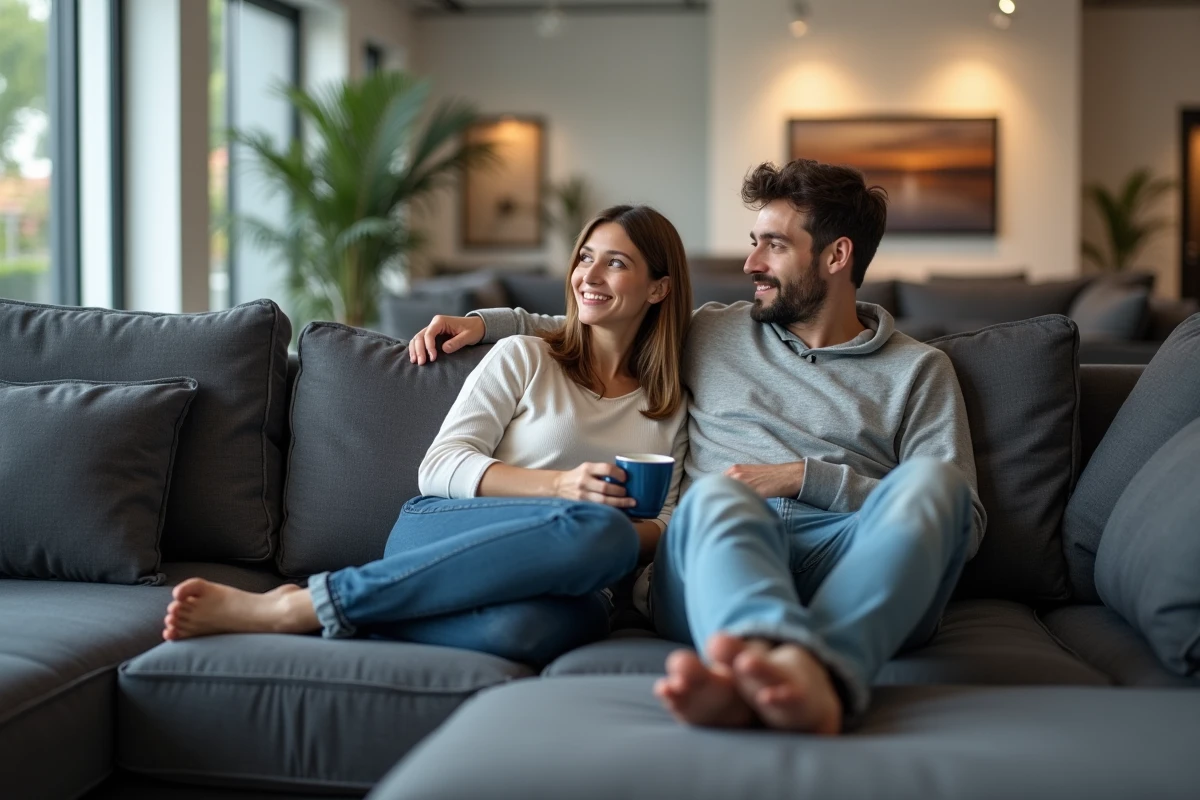 Couple détendu assis sur un canapé d'angle gris anthracite dans un showroom de meubles moderne