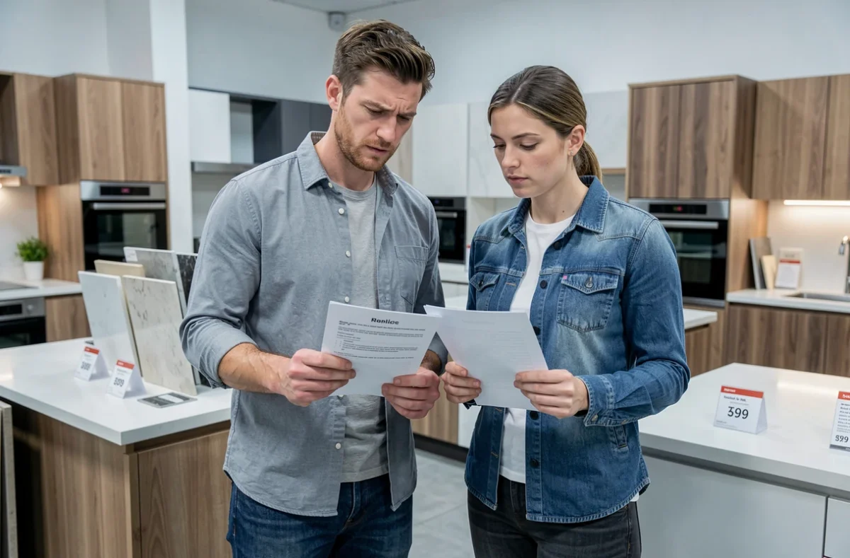 Couple comparant des devis de cuisine équipée dans un showroom de rénovation belge