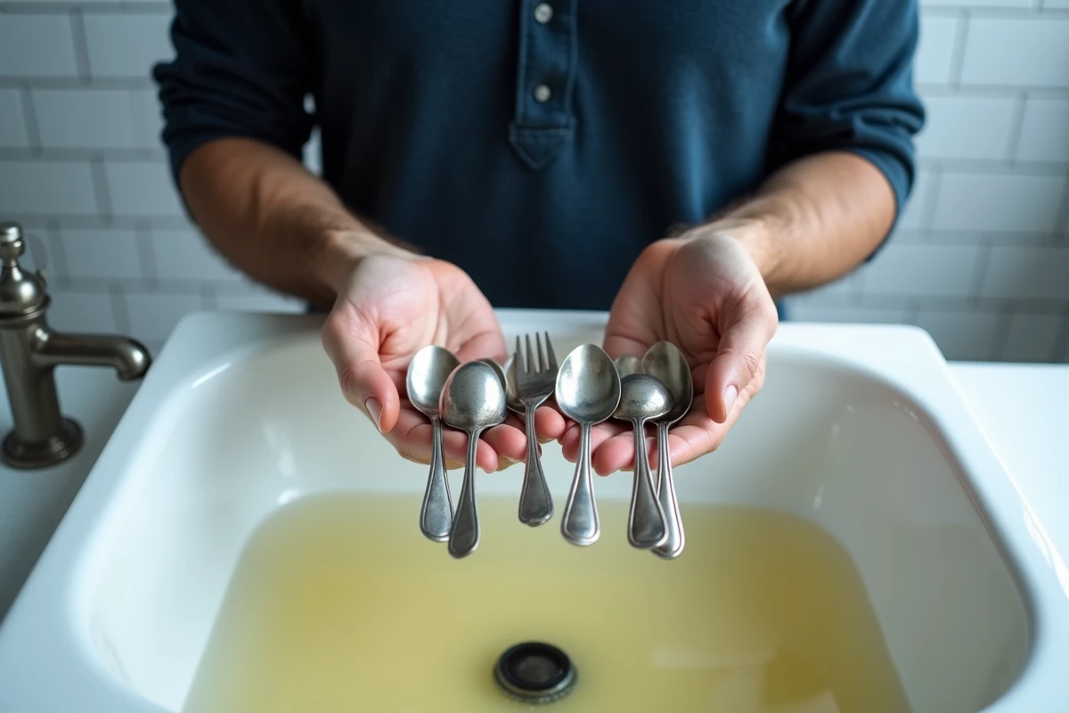 Homme tenant des couverts en argent oxydé au-dessus d'un évier avec une solution anti-soufre en effervescence