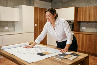 Cuisiniste professionnelle dans un showroom de cuisines à Montpellier, consultant des plans d'aménagement sur un plan de travail en bois