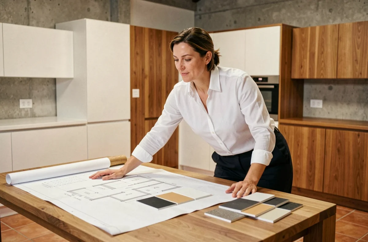 Cuisiniste professionnelle dans un showroom de cuisines à Montpellier, consultant des plans d'aménagement sur un plan de travail en bois