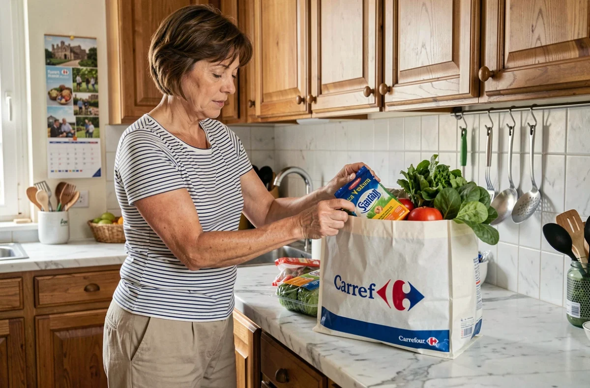 Femme déballant ses courses livrées par Carrefour sur le comptoir de sa cuisine