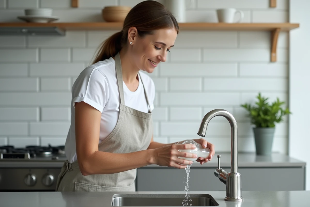 Femme versant du bicarbonate de soude dans le siphon d'un évier de cuisine pour déboucher la canalisation naturellement