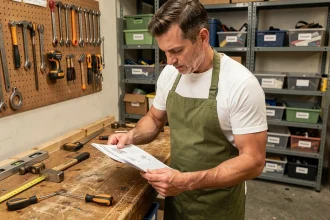 Homme débutant en bricolage lisant un manuel d'instructions à son établi dans un garage bien organisé avec des outils de base