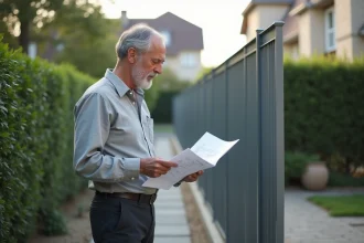 Propriétaire en copropriété consultant des plans de déclaration de travaux près d'une clôture en cours d'installation dans un lotissement résidentiel