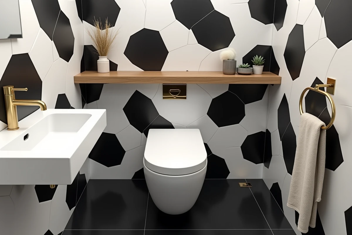 Décoration de toilette suspendu avec papier peint géométrique noir et blanc, carrelage grand format et accessoires en laiton brossé pour un style graphique moderne