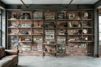 Mur style industriel surchargé avec étagères métalliques, briques apparentes et enseignes vintage mal assorties dans un loft urbain