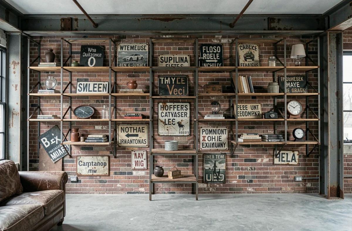 Mur style industriel surchargé avec étagères métalliques, briques apparentes et enseignes vintage mal assorties dans un loft urbain