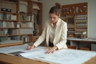 Décoratrice d'intérieur professionnelle consultant des échantillons de matériaux et des plans dans son studio de travail