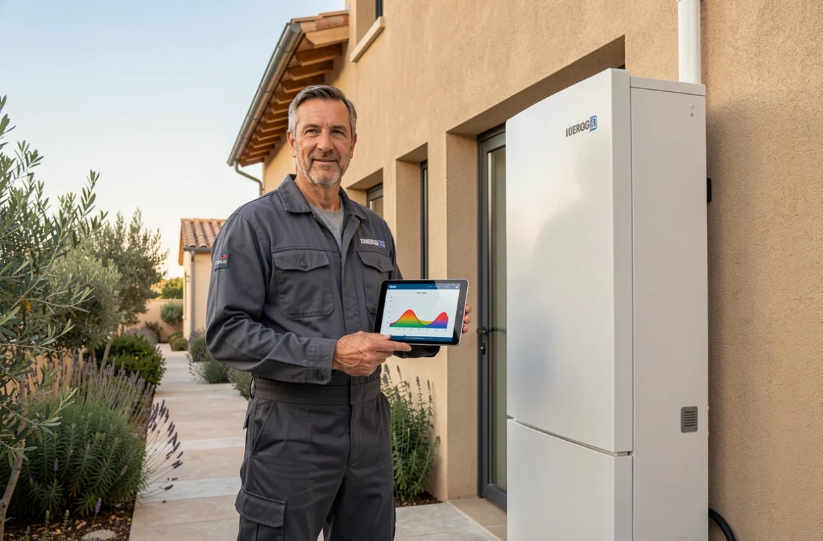 Technicien Delta Enr présentant un bilan énergétique sur tablette devant une pompe à chaleur installée