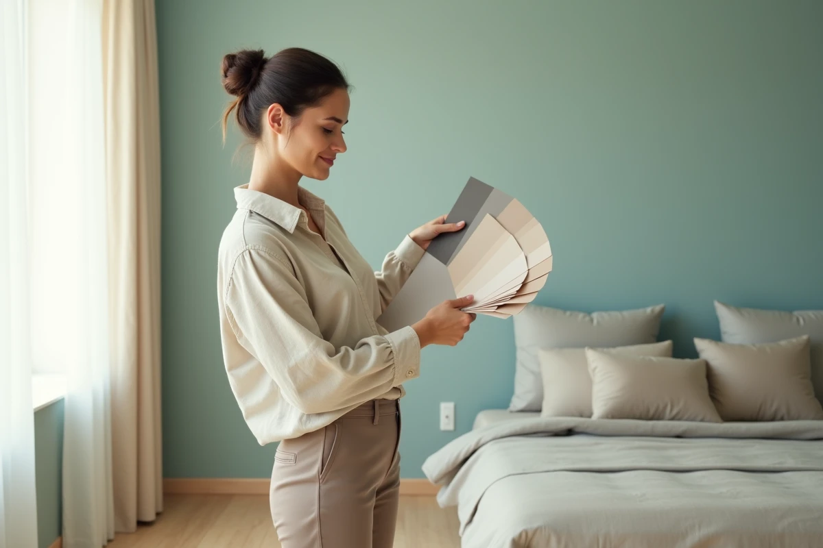 Designer d'intérieur comparant des nuanciers de peinture apaisante devant un mur de chambre en bleu-vert doux