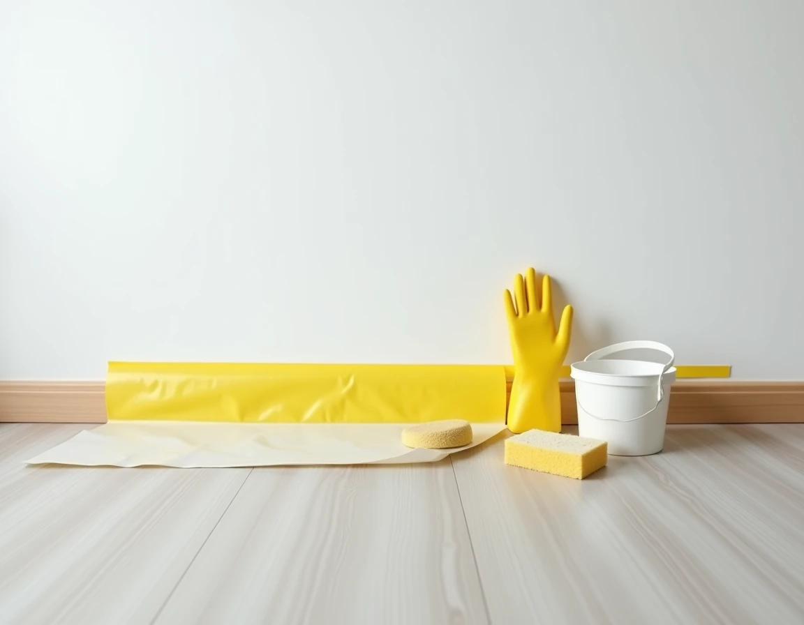 Détail de la protection du sol avec bâche plastique fixée au ruban de masquage avant le lessivage d'un mur