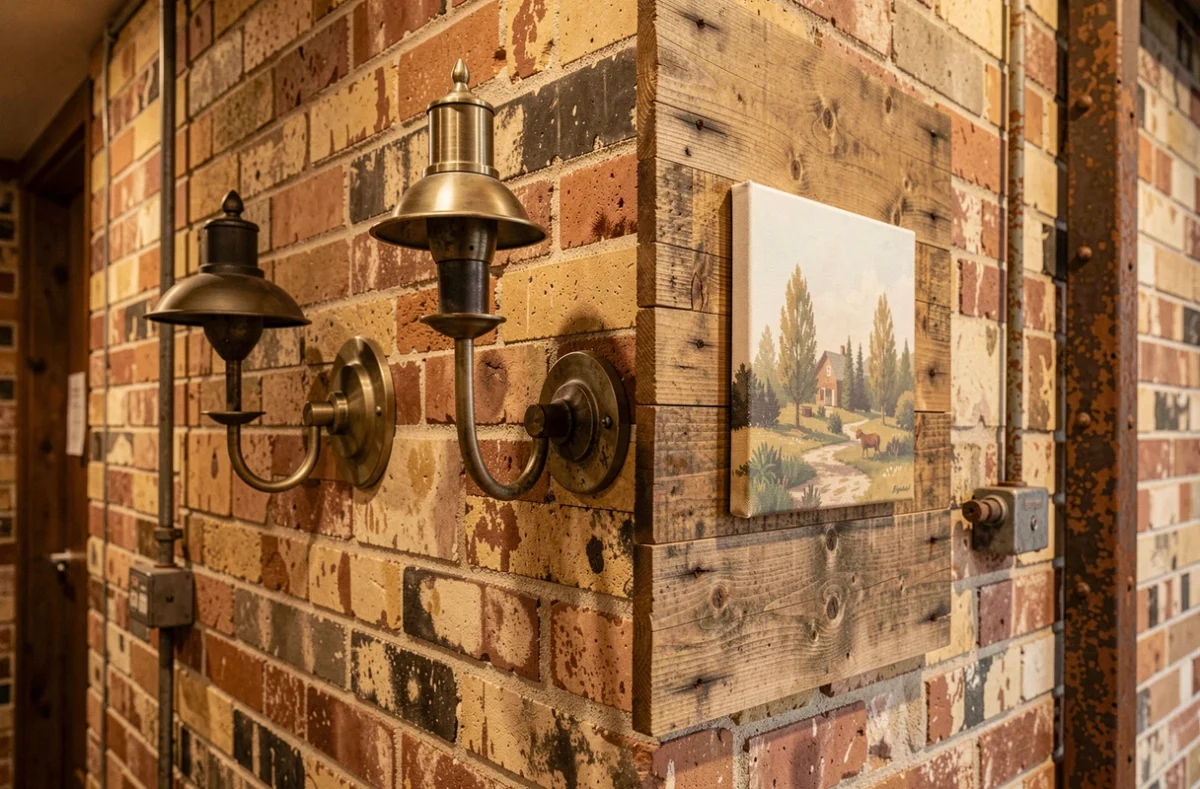 Gros plan de mur industriel avec appliques métalliques dépareillées et panneaux de bois récupéré mal agencés, illustrant une erreur de décoration courante