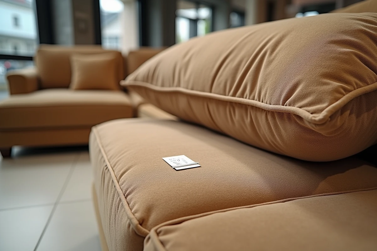 Détail de la texture en chenille d'un canapé d'angle avec coutures apparentes et étiquette de prix en showroom