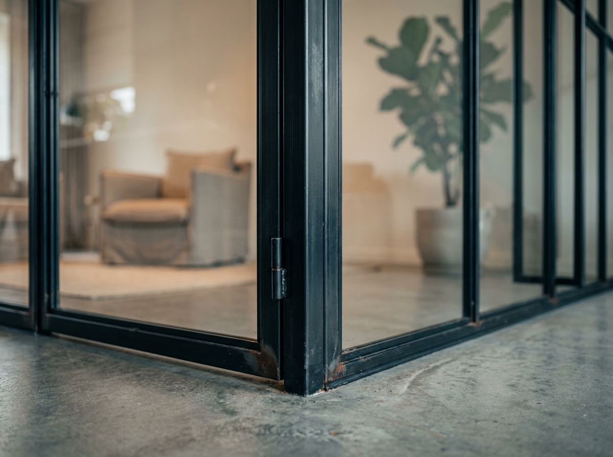 Détail de la structure en acier noir d'une verrière industrielle avec reflets vitrés et sol en béton dans un intérieur contemporain