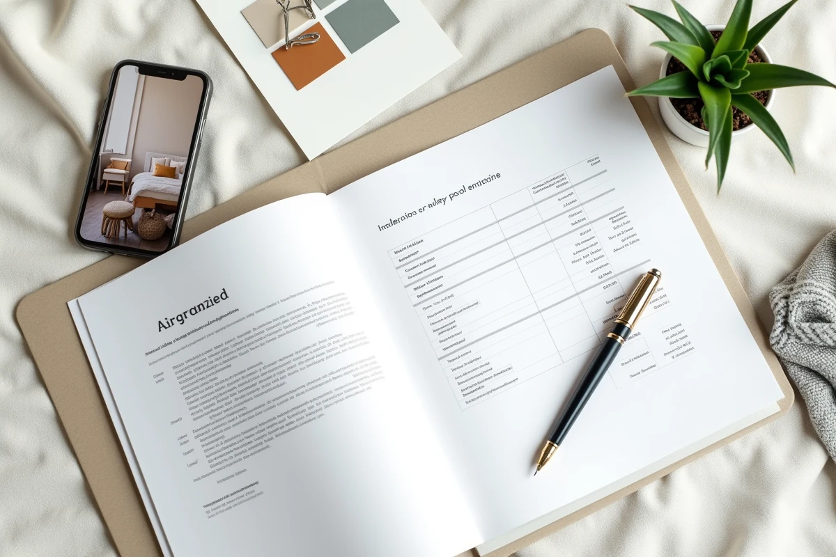 Flat-lay d'un devis de décoration d'intérieur avec contrat, échantillons de matériaux et planche d'inspiration sur un bureau