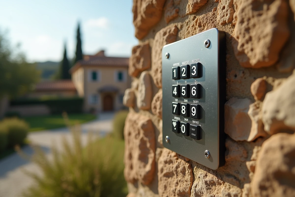 Gros plan sur un digicode encastré dans un mur en pierre sèche à l'entrée d'une maison de campagne