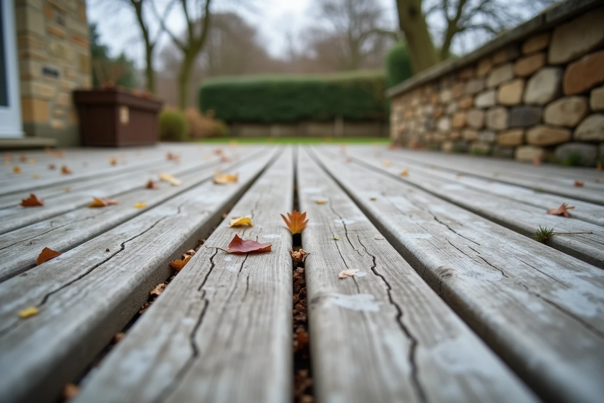 Terrasse en bois extérieure vieillie avec lambourdes apparentes montrant la durabilité du traitement et de la ventilation