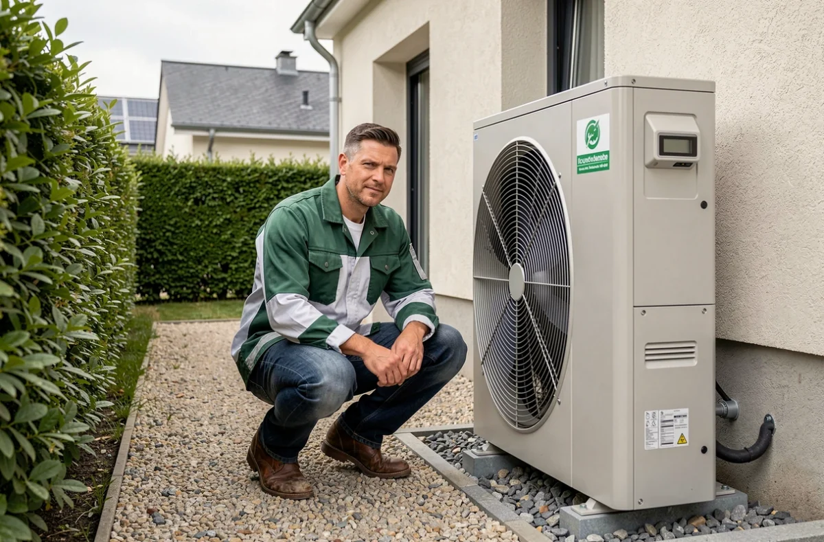 Technicien d'Eco Chauff'69 installant une pompe à chaleur écologique en périphérie de Lyon
