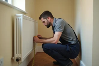 Électricien mesurant un câble électrique pour radiateur électrique dans un couloir résidentiel