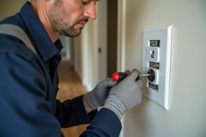 Électricien inspectant une prise murale mal installée avec un tournevis, dans un intérieur résidentiel moderne