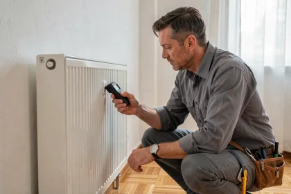 Électricien inspectant une prise derrière un radiateur à panneau blanc avec un testeur de tension