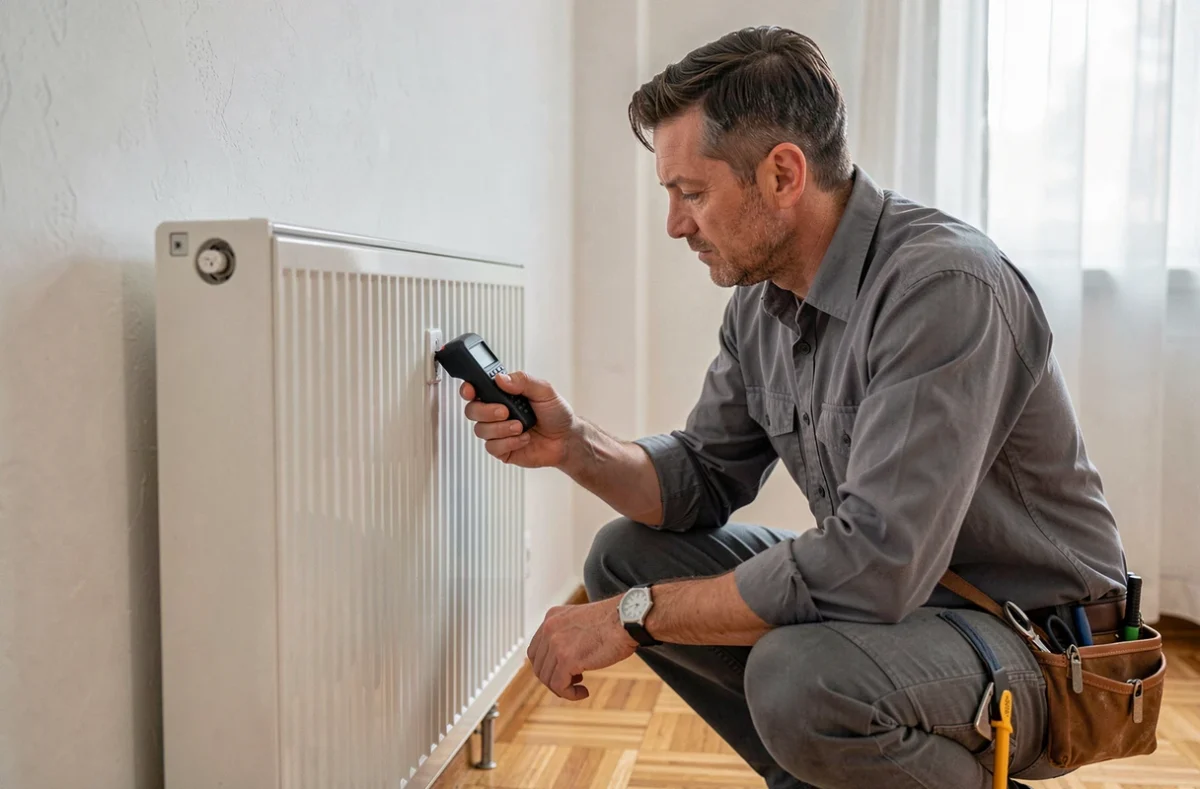 Électricien inspectant une prise derrière un radiateur à panneau blanc avec un testeur de tension