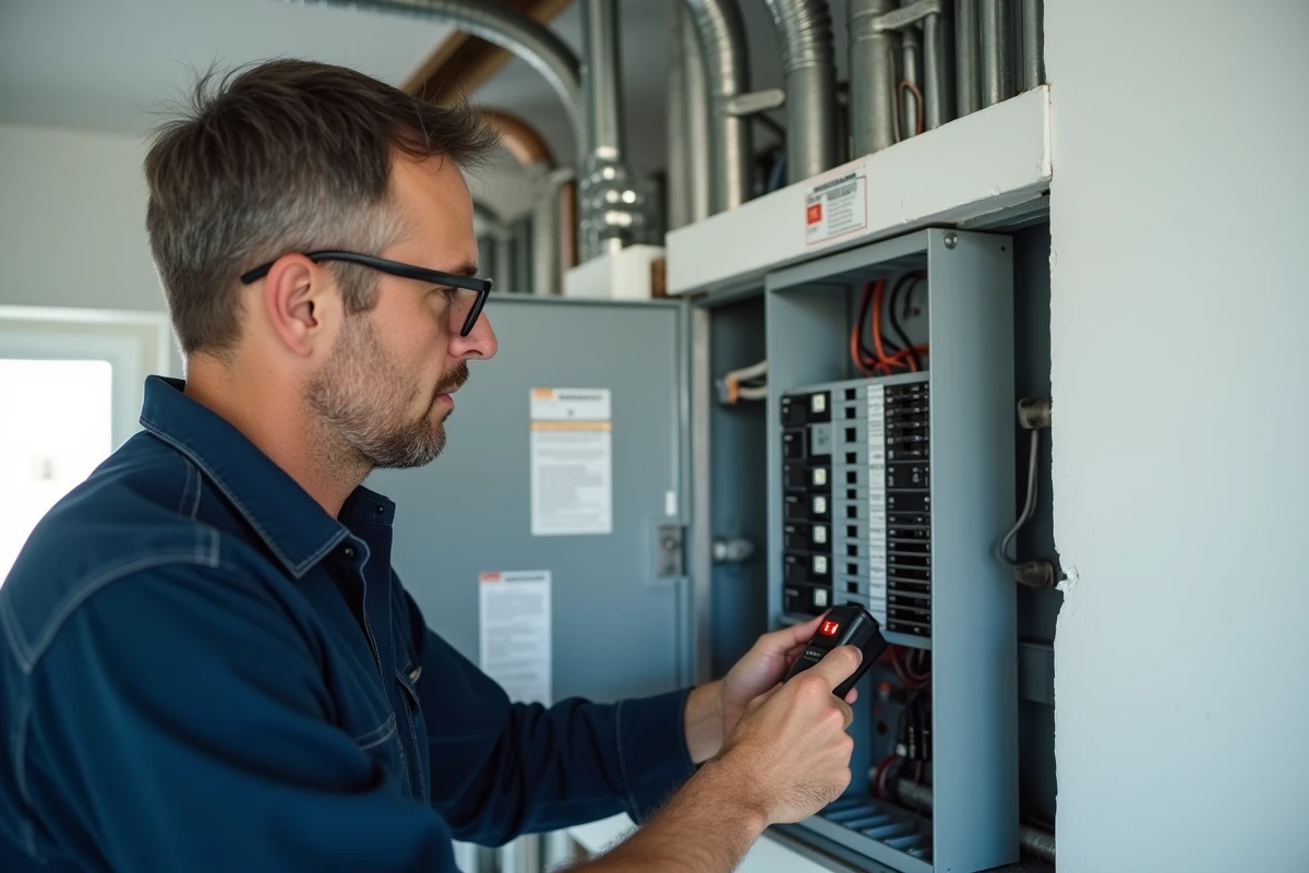 Électricien inspectant un tableau électrique résidentiel conforme à la norme NF C 15-100 dans une installation GTL