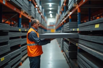 Employé de magasin inspectant une tôle acier 2mm 2000x1000 dans un rayon de bricolerie