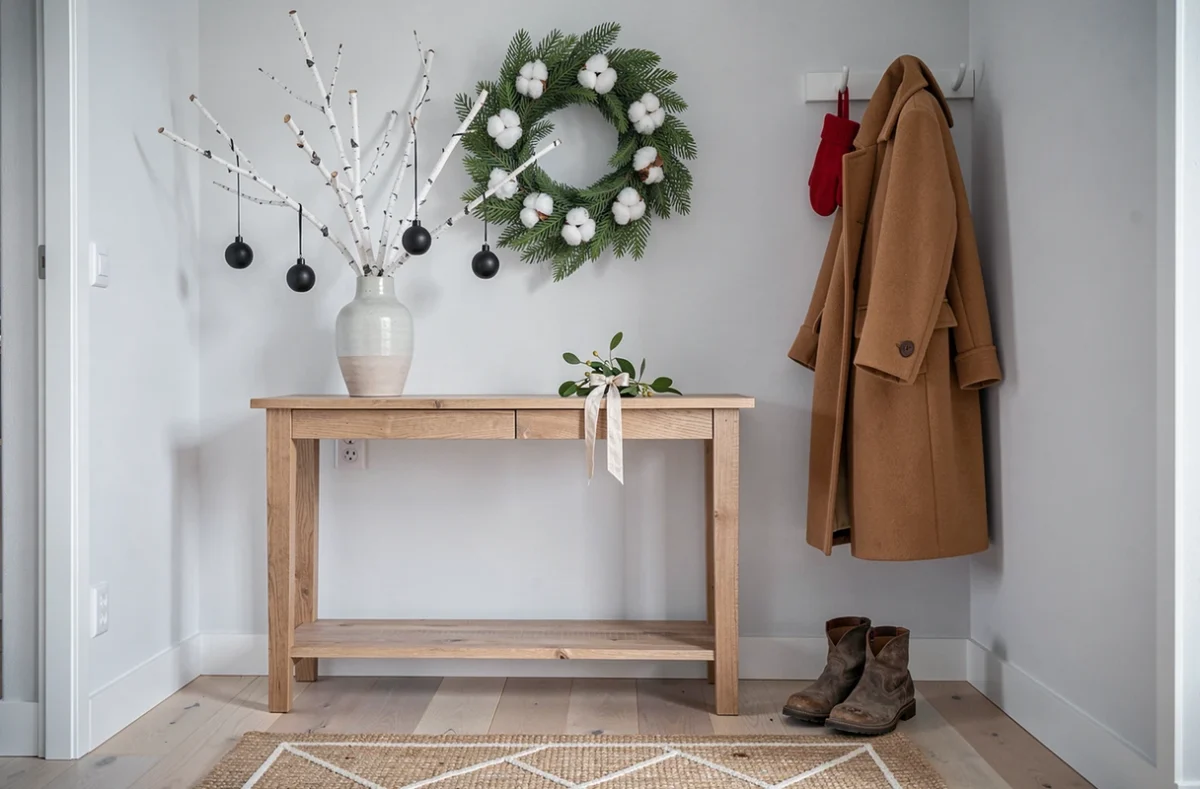 Entrée de maison décorée pour Noël dans un style scandinave minimaliste avec branches de bouleau, couronne de genévrier et console en bois