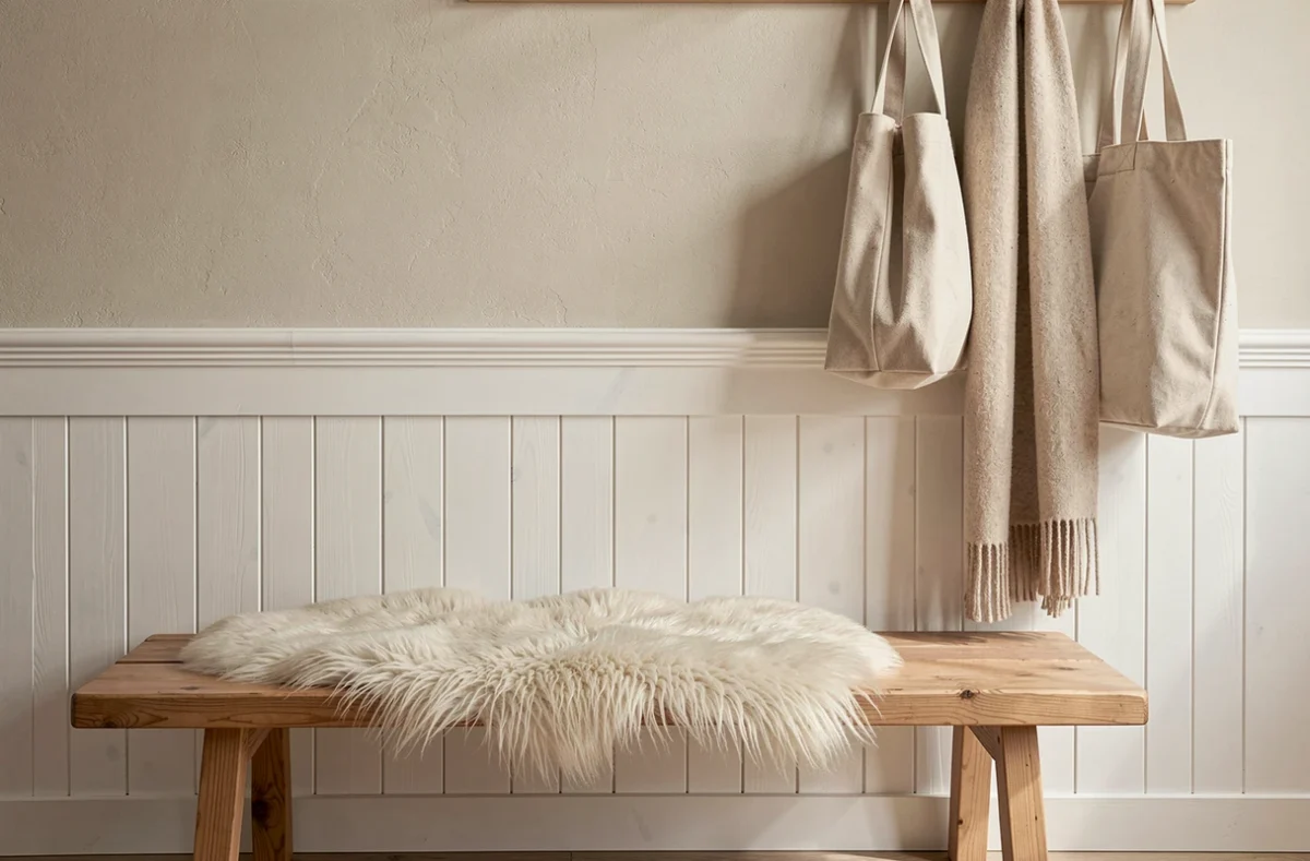Entrée de style scandinave avec lambris blanc, peinture blanc cassé et banc en bois avec peau de mouton