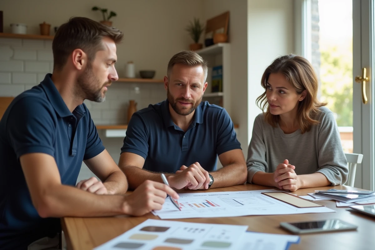 Entrepreneur présentant un devis de rénovation détaillé à des propriétaires autour d'une table