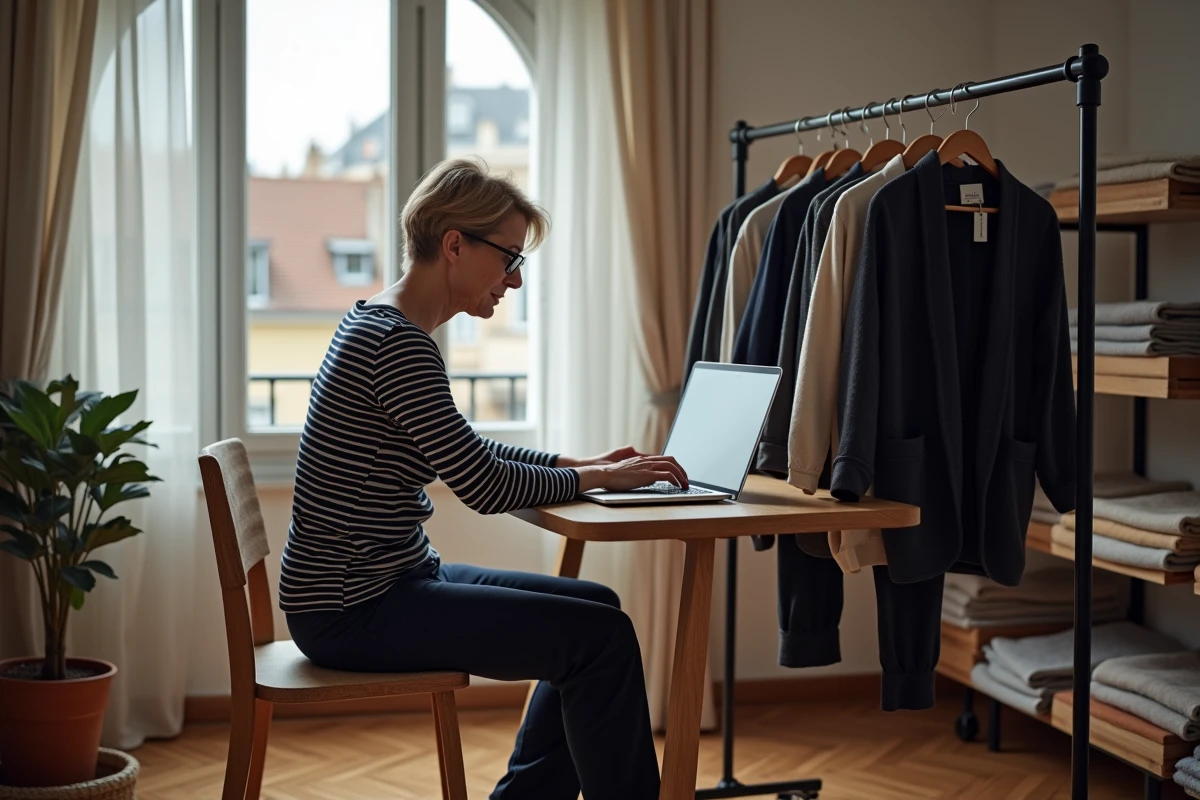 Femme recherchant les prix de ses articles sur ordinateur avant de les déposer dans un dépôt vente à Caen