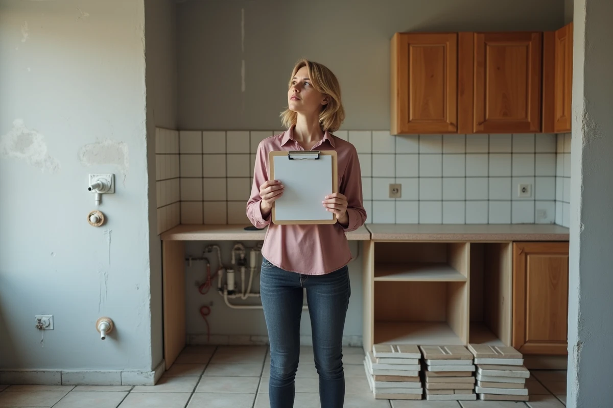 Femme évaluant les travaux de rénovation d'une cuisine en cours avec un carnet de notes
