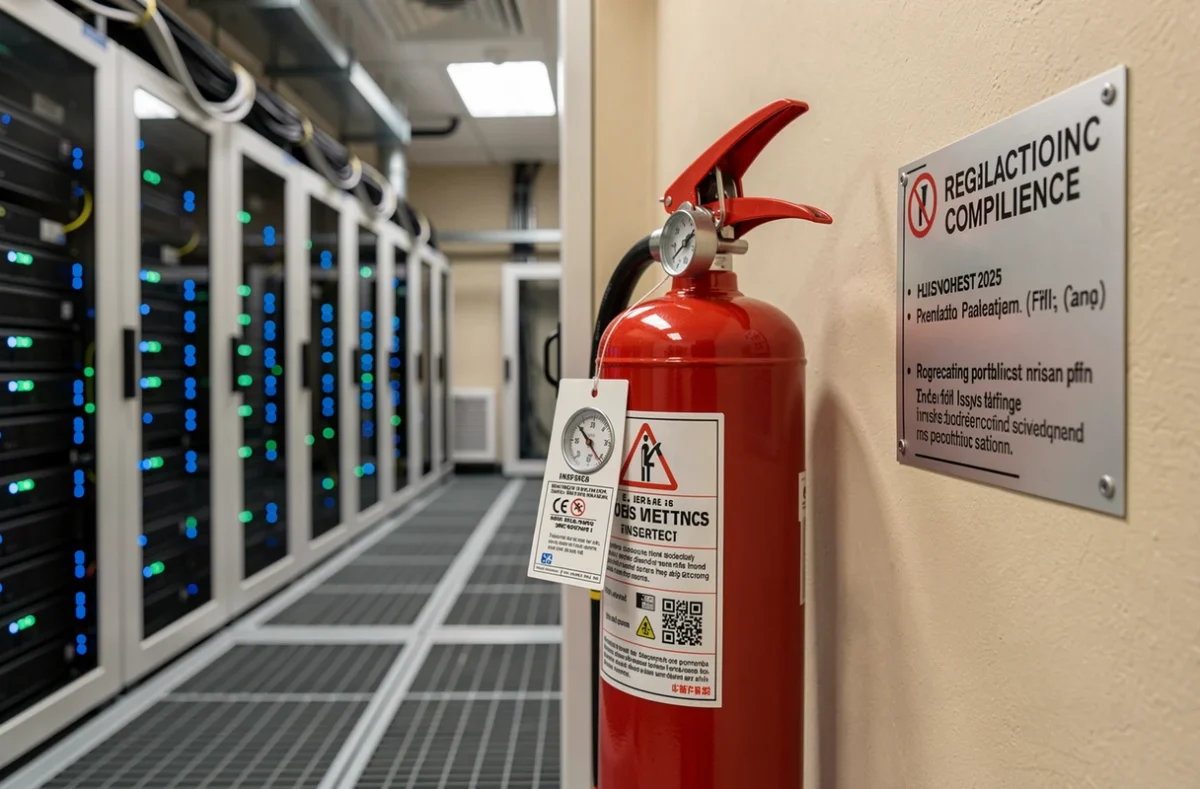 Extincteur électrique conforme aux normes monté dans une salle de serveurs avec étiquette de conformité visible