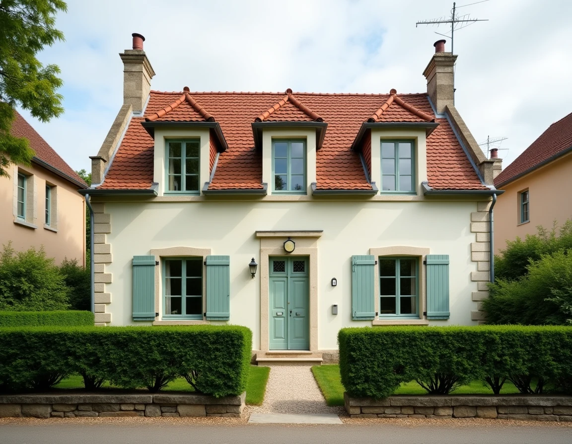 Façade d'une maison individuelle de 120m2 avec jardin en zone résidentielle française
