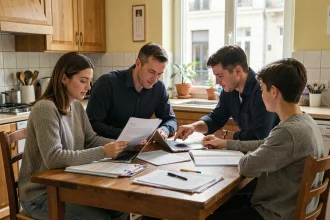 Famille réunie autour d'une table avec des documents administratifs pour comprendre la notion de foyer CAF