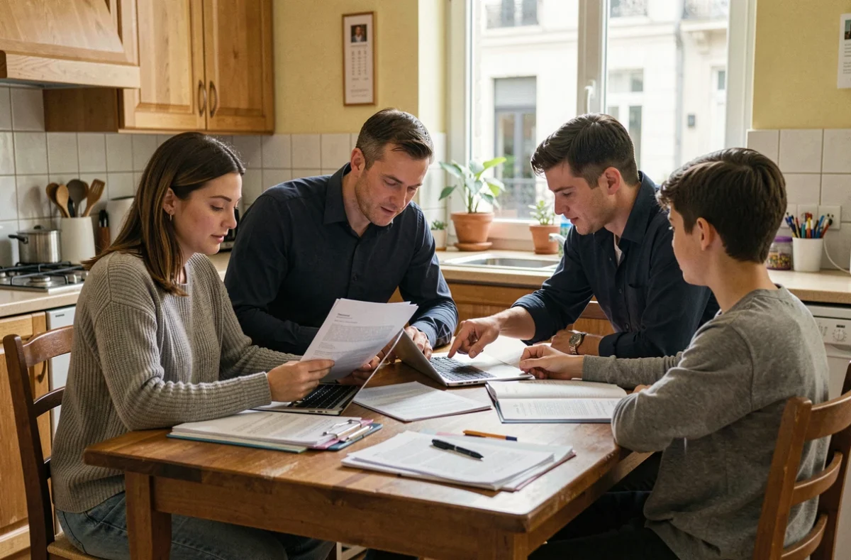 Famille réunie autour d'une table avec des documents administratifs pour comprendre la notion de foyer CAF