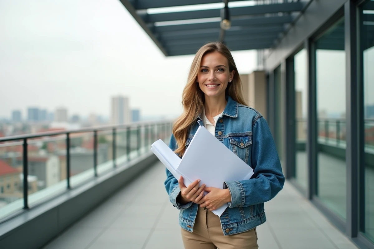 Jeune femme avec plan sous pergola moderne sur toit urbain