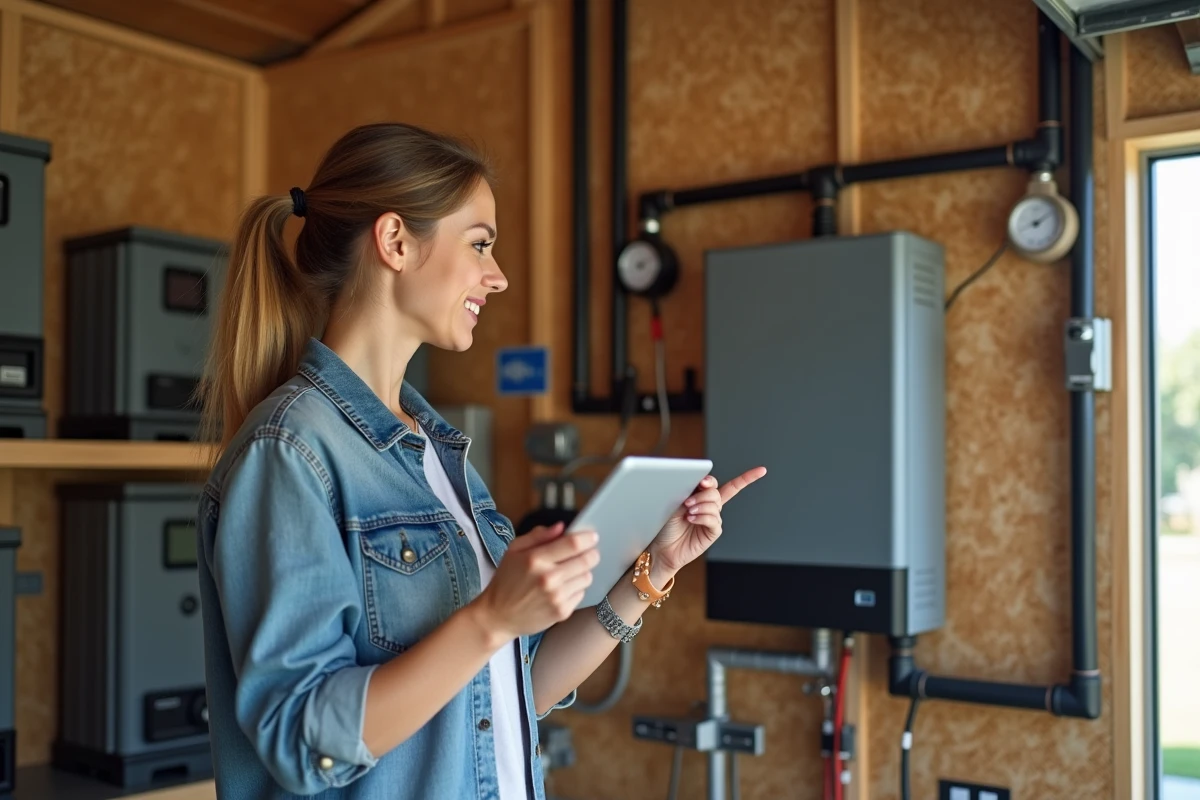 Jeune femme vérifiant des batteries dans un garage