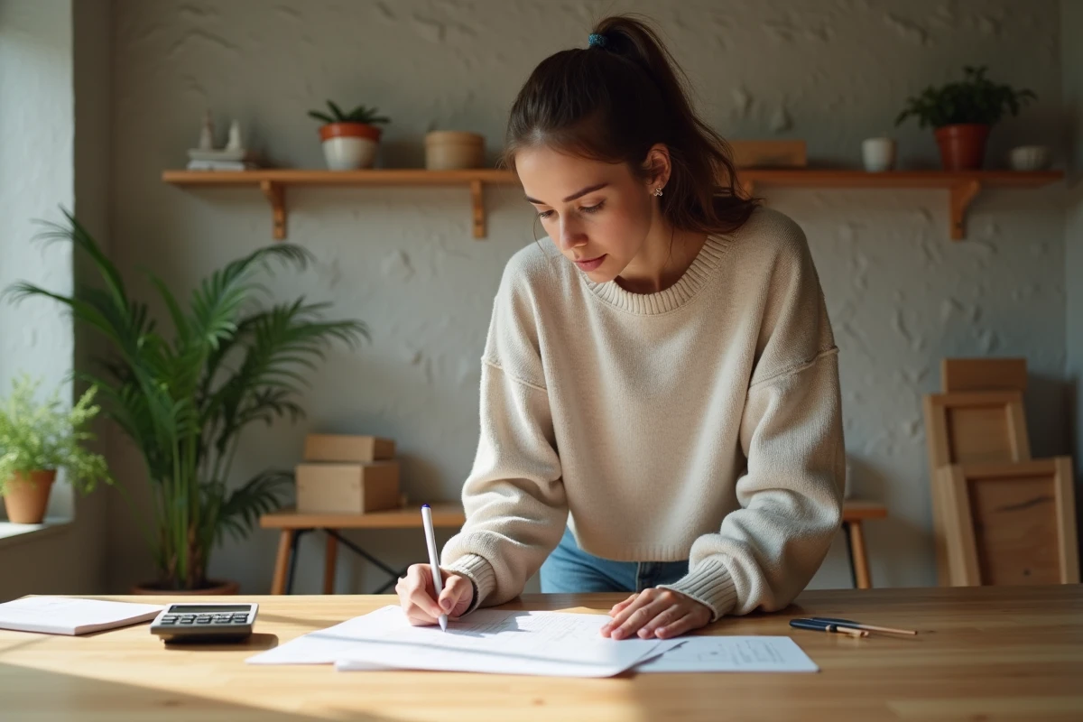 Jeune femme calculant volume à la maison