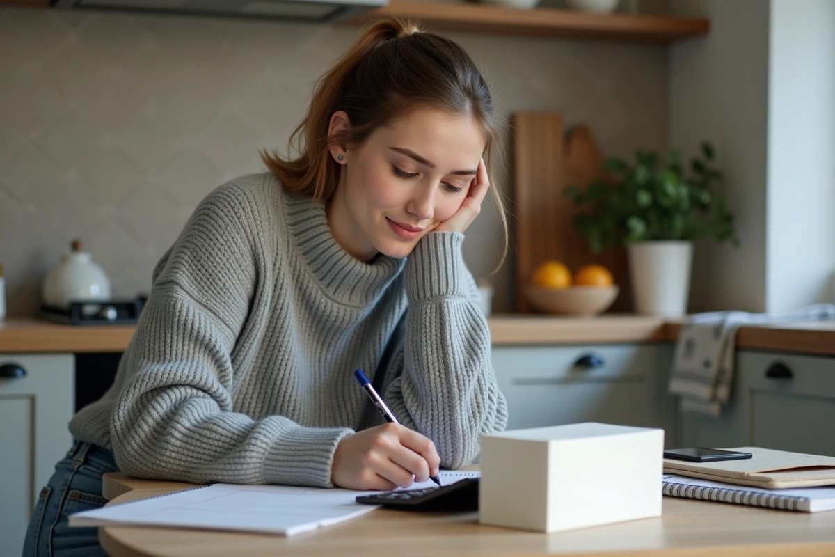 Femme prenant des mesures dans une cuisine chaleureuse
