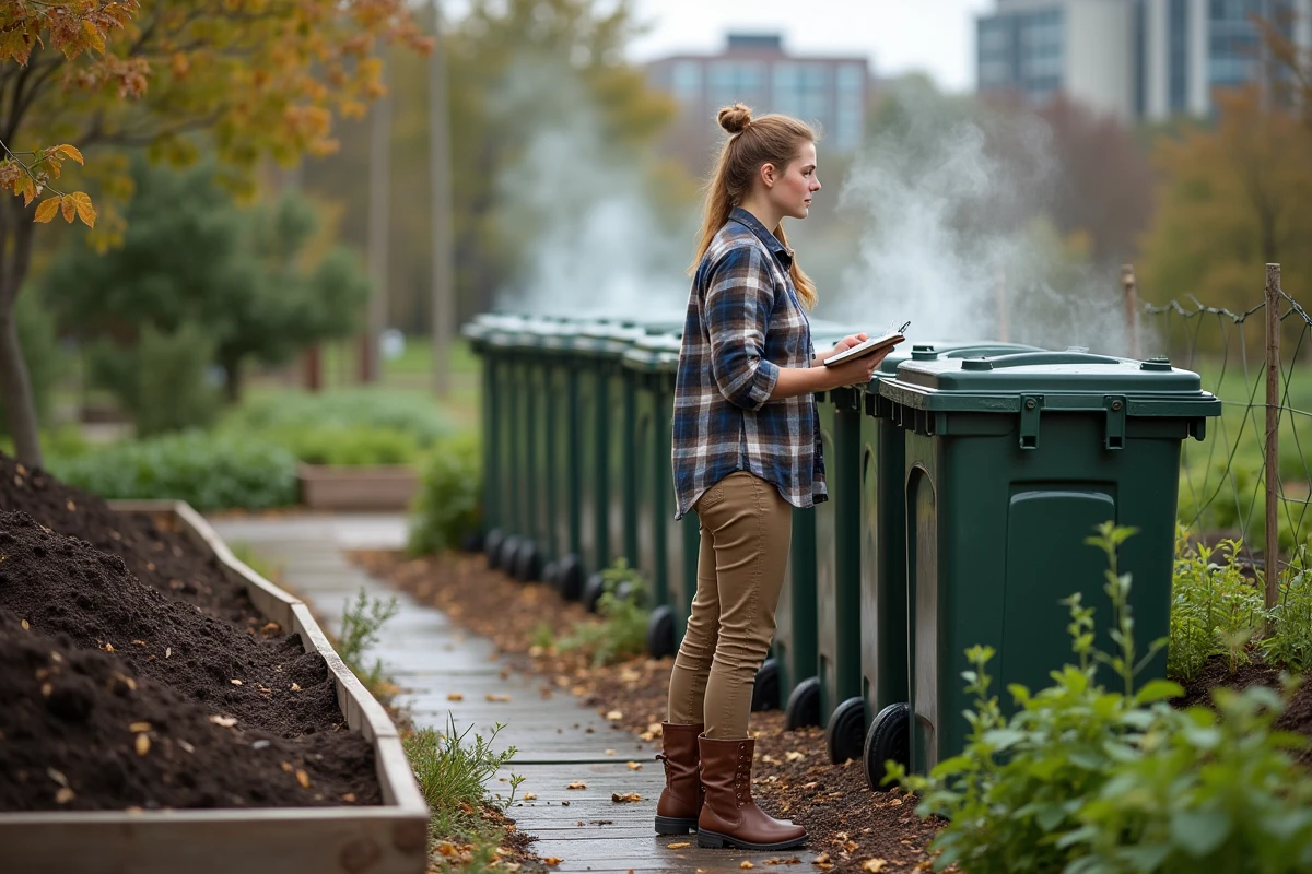 Jeune femme note observations près compost urbain