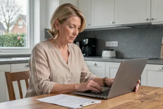 Femme consultant un devis de rénovation de cuisine sur un ordinateur portable dans une cuisine moderne belge