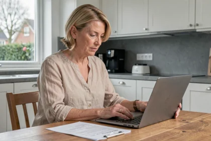 Femme consultant un devis de rénovation de cuisine sur un ordinateur portable dans une cuisine moderne belge