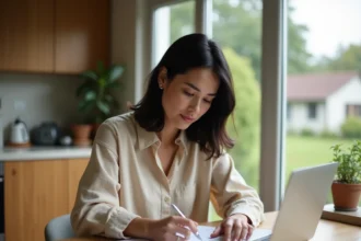 Femme consultant son contrat d'assurance habitation à la table de cuisine de sa maison