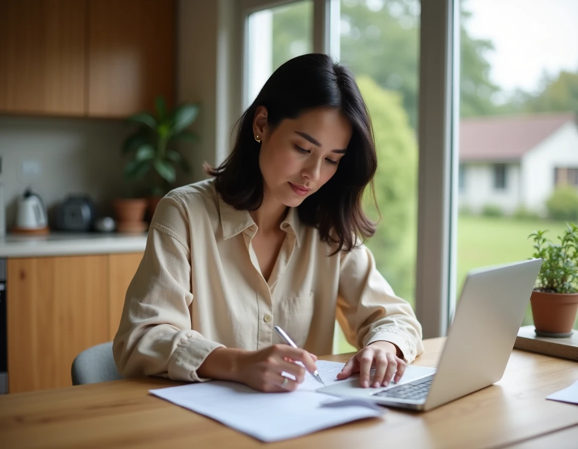 Femme consultant son contrat d'assurance habitation à la table de cuisine de sa maison
